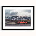 Extra large abstract art print featuring colorful, textured trucks on a black framed canvas, ideal for living room decor.