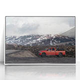 Art deco poster of stylized trucks in muted colors on a white acrylic frame, suitable for nursery wall art.