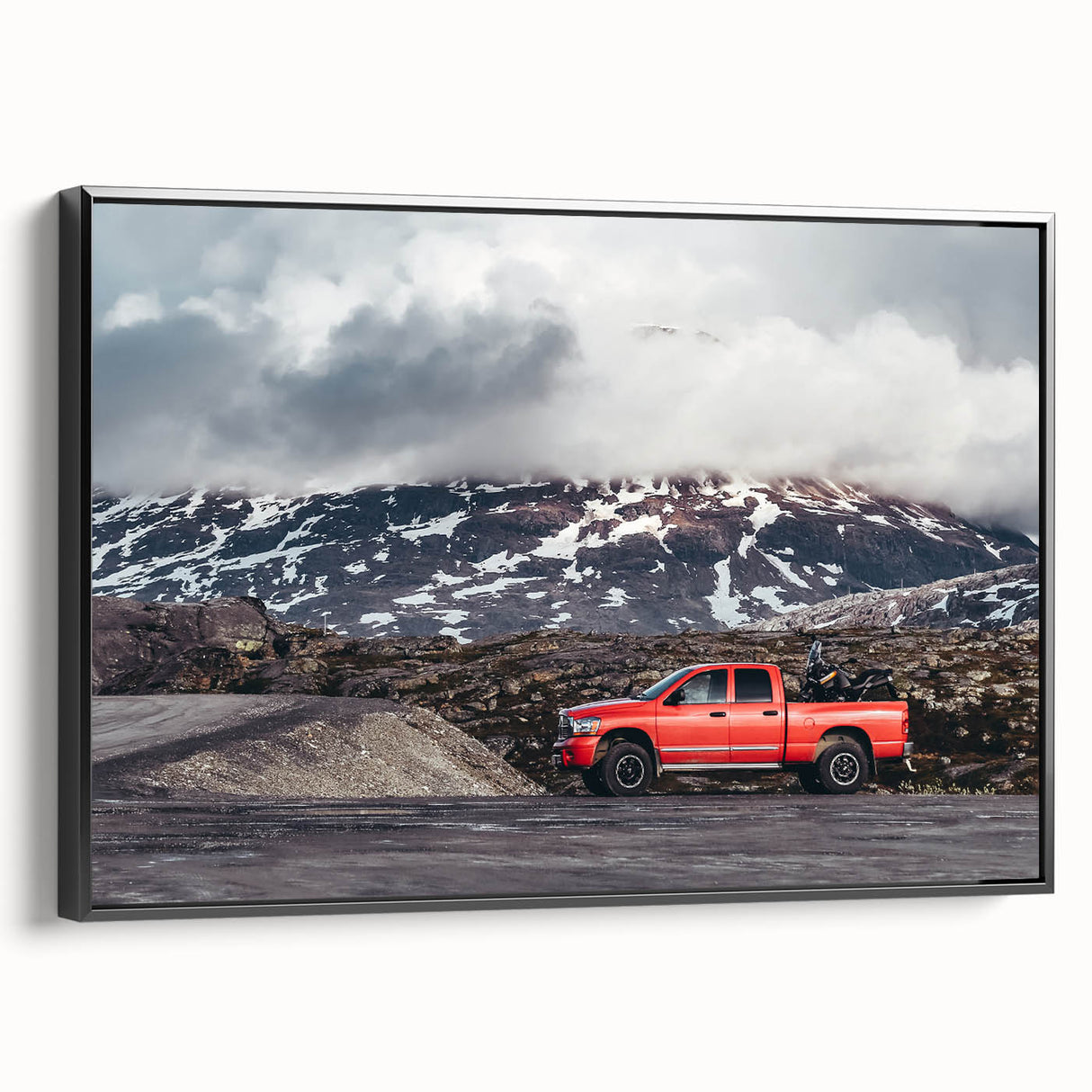 Black and white framed canvas featuring a side view of vintage trucks, ideal for bedroom wall decor.