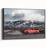 Black and white framed canvas featuring a side view of vintage trucks, ideal for bedroom wall decor.