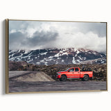 Framed canvas featuring a side view of vintage trucks in black, ideal for bedroom wall art with a classic vibe.