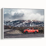 Framed canvas vintage poster art of colorful trucks in a black background, suitable for extra large wall art in living rooms.