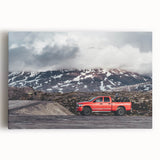 Black and white print of vintage trucks on stretched canvas, suitable for kitchen wall art.