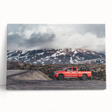 Black and white photo of vintage trucks on stretched canvas, ideal for kitchen wall art or bedroom decor.