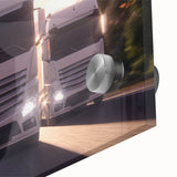 Large abstract wall art featuring colorful trucks in mid-century modernist style on acrylic glass.