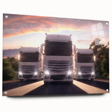Acrylic print of a side view of colorful abstract trucks, ideal for dining room art.
