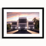 Abstract art print of colorful, textured trucks on a large canvas, framed in black, suitable for a living room.