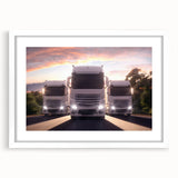 Abstract art print of colorful trucks in a grid layout on a white framed poster, ideal for bedroom or dining room decor.