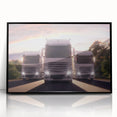 Large abstract wall art featuring a collection of trucks in muted earth tones, framed in black acrylic.