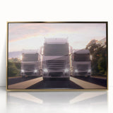 Framed acrylic print of colorful mid-century modernist trucks, ideal for nursery wall art.
