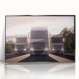 Mid-century modernist art depicting colorful trucks on a silver-framed acrylic print, suited for nursery wall art.
