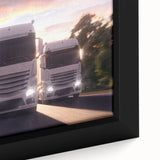Extra large framed canvas featuring a textured depiction of colorful trucks on a black background.