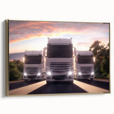 Framed canvas featuring a side view of vintage trucks in black, ideal for bedroom wall art.