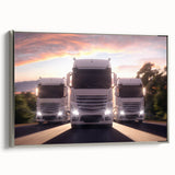 Framed canvas featuring a vintage poster art of colorful trucks in a landscape, ideal for living room decor.