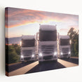 Colorful illustration of vintage trucks on a stretched canvas, ideal for kitchen wall art.