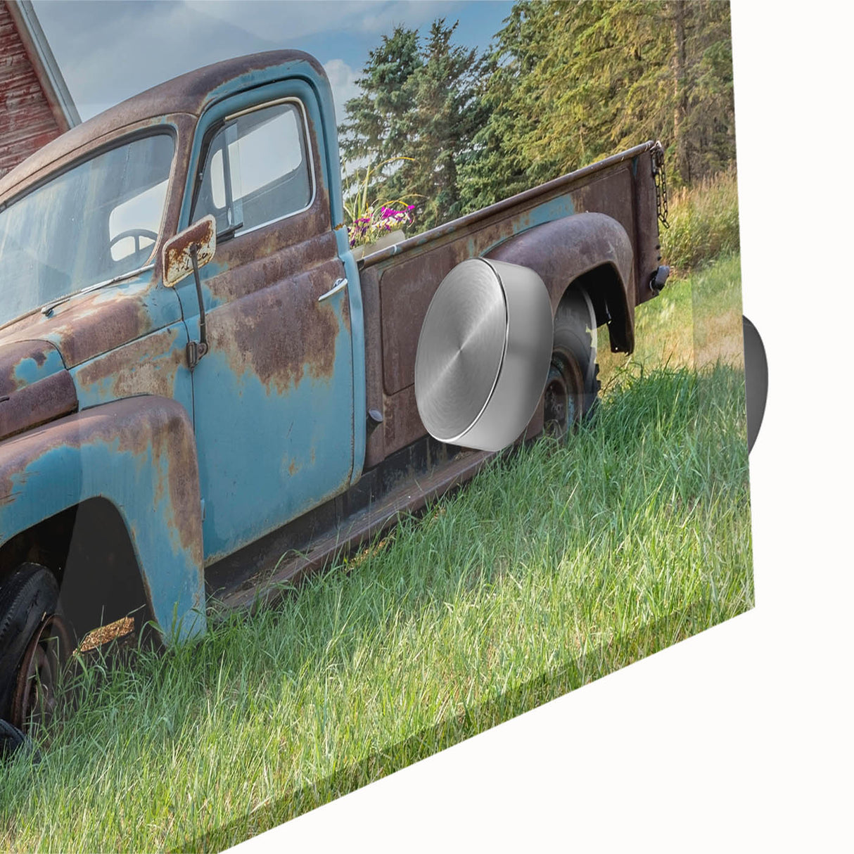 Acrylic print of large abstract trucks in muted earth tones, suitable for dining room art in a mid-century modernist style.