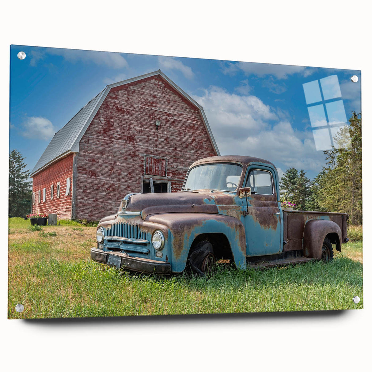 Acrylic print of abstract trucks in muted green and blue, ideal for modern dining room decor.
