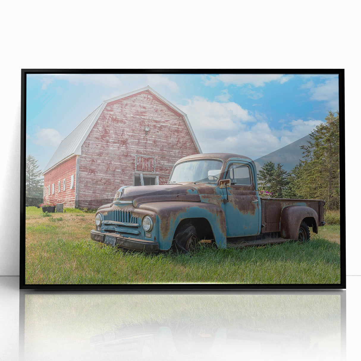 Large abstract wall art featuring colorful geometric shapes on a black acrylic framed print.