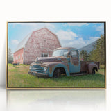 Mid-century modernist style trucks in muted colors on a gold-framed acrylic, ideal for nursery wall art.