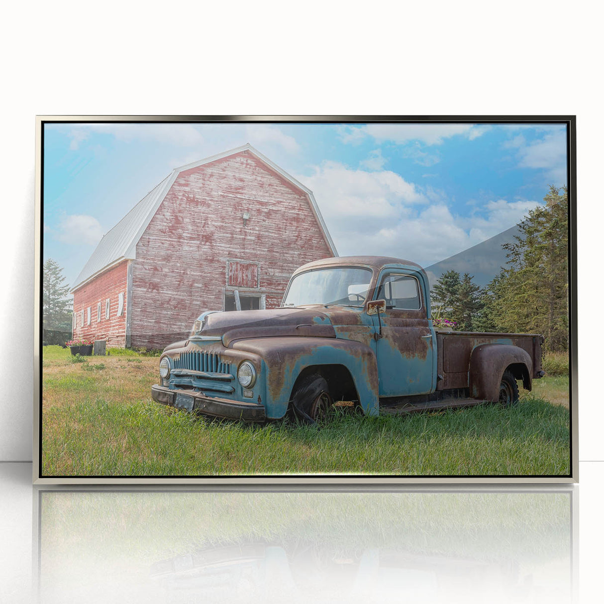 Mid-century modernist art featuring colorful trucks, acrylic print in silver frame, suitable for nursery wall art.