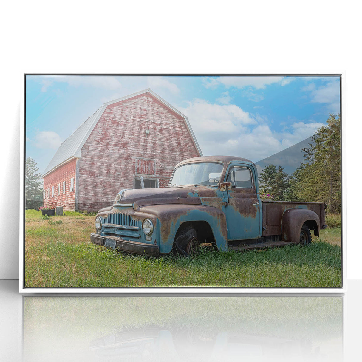 Art deco poster of colorful trucks in a row, acrylic print in white frame, suitable for nursery wall art.