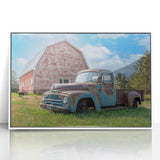 Art deco poster of colorful trucks in a row, acrylic print in white frame, suitable for nursery wall art.