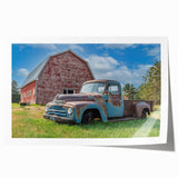 Rolled print featuring a collection of vintage trucks in muted earth tones, suitable for dining room wall art.