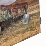 Large abstract wall art featuring colorful trucks in a mid-century modernist style on acrylic glass.