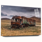 Side view of a truck in muted gray on acrylic glass, ideal for dining room art.
