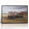 Large abstract wall art featuring colorful geometric trucks, in a mid-century modernist style, framed in black acrylic.