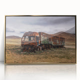 Mid-century modernist art of colorful trucks on gold acrylic framed print, suitable for nursery wall decor.