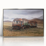 Mid-century modernist art of colorful trucks in silver framed acrylic, ideal for nursery wall art.