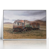 Art deco poster of colorful trucks in a stylized format, acrylic print in white frame, suitable for nursery wall art.