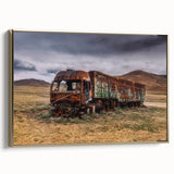 Framed canvas featuring a vintage poster of black trucks in a landscape, ideal for bedroom wall art.