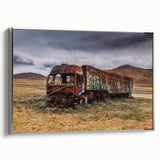 Vintage poster art of colorful trucks in landscape format on a black background, framed canvas, ideal for a home office.