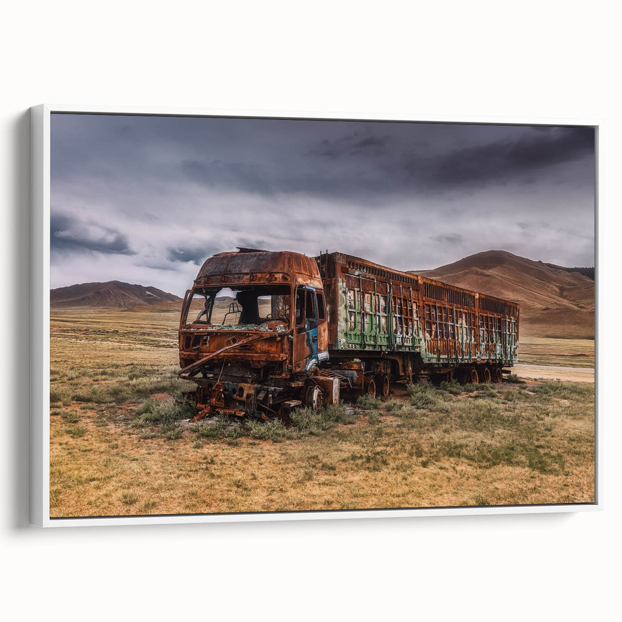 Vintage poster art of colorful trucks on black background, framed canvas, ideal for living room decor.
