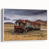 Vintage poster art of colorful trucks on black background, framed canvas, ideal for living room decor.