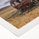 Art deco poster of vintage trucks in muted sepia tones on rolled canvas, suitable for dining room decor.