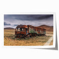 Rolled print of a vintage truck in muted green and brown tones, suitable for art wall dining room.
