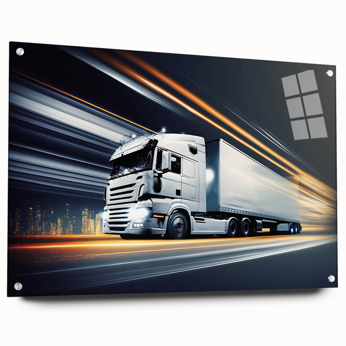 Acrylic print of side-view trucks in muted gray and blue tones, suitable for dining room or bedroom decor.