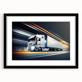 Extra large abstract art print of colorful, textured trucks on a black framed canvas, ideal for living room decor.