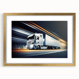 Extra large abstract art print of colorful trucks, textured design on gold-framed mat, ideal for living room decor.