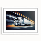 Abstract art print of vibrant trucks in red and yellow, framed in white, ideal for dining room decor.