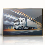 Mid-century modernist art of colorful trucks on a gold-framed acrylic, ideal for nursery wall art.