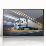 Mid-century modernist art featuring a series of stylized trucks in muted colors on a silver-framed acrylic print.