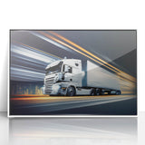 Art deco poster of colorful trucks on white acrylic, framed, ideal for nursery wall decor.