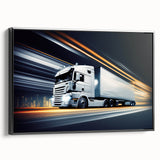 Black and white vintage poster art featuring side view of trucks on framed canvas, suited for bedroom wall decor.