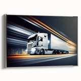 Silver-framed canvas featuring a side view of vintage trucks in black with colorful accents.