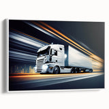 Framed canvas vintage poster art of colorful trucks in a row, ideal for extra large living room wall decor.