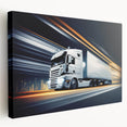 Side view of colorful trucks in a row on a large stretched canvas, suitable for kitchen wall art.